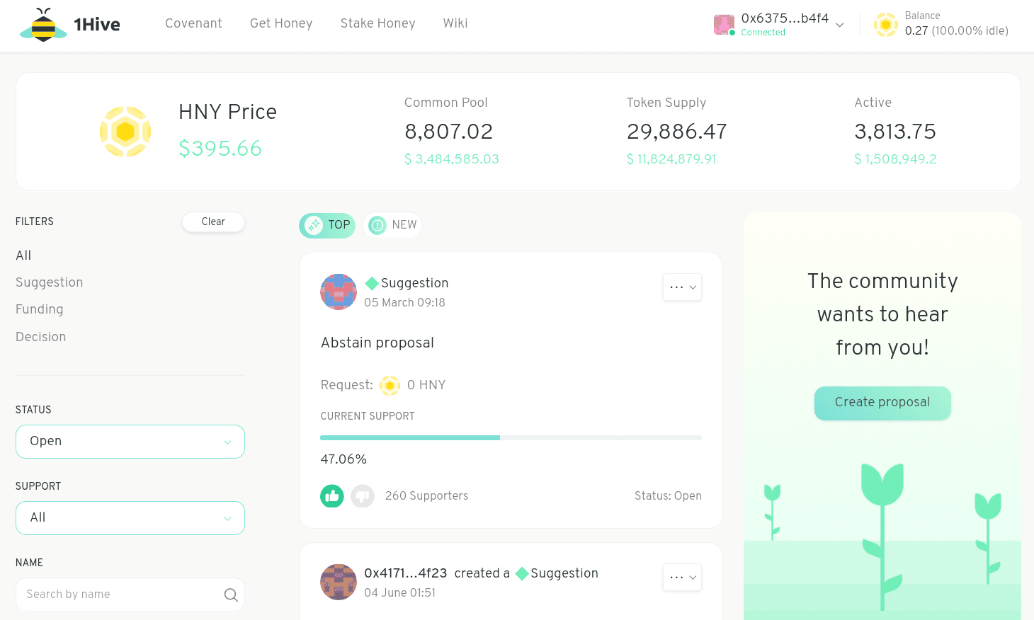 The 1Hive landing page, a listing of proposals under consideration.